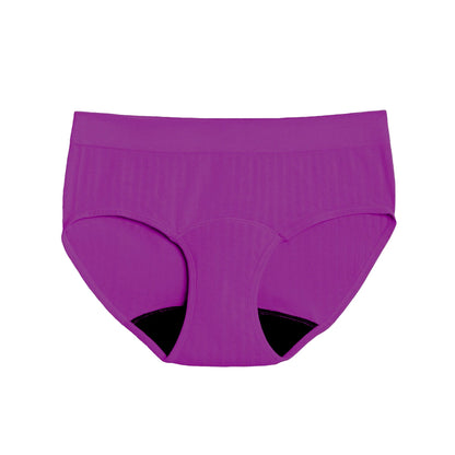 The Teen Period bikini in SportyStretch™ fabric, front view showing plum color and sleek design for heavy flow protection.