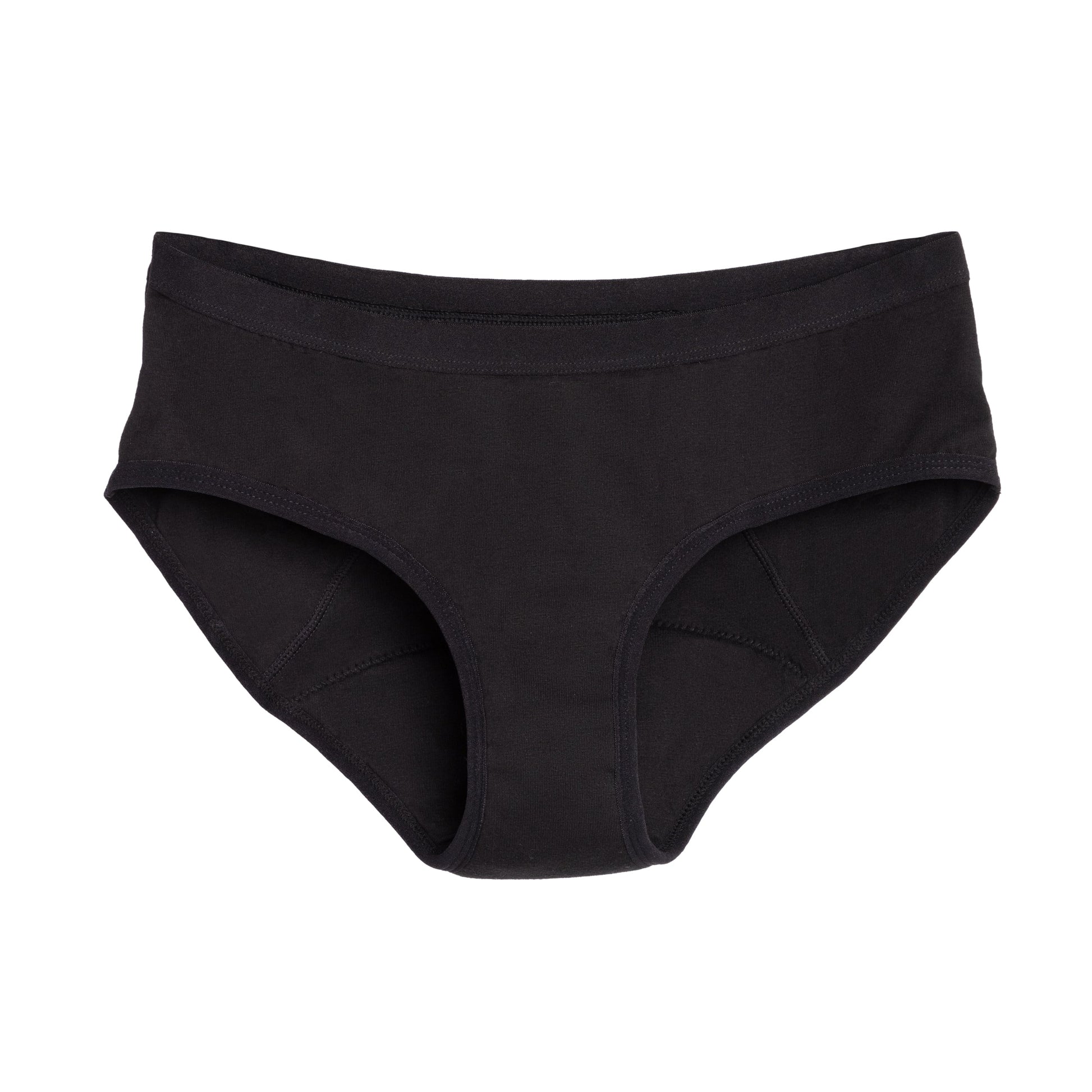 Black The Bikini Period underwear by The Period Company in organic cotton for heavy flows, shown laid flat on a white background.
