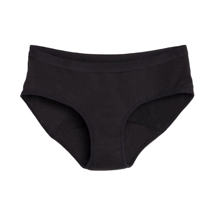 Black The Bikini Period underwear by The Period Company in organic cotton for heavy flows, shown laid flat on a white background.
