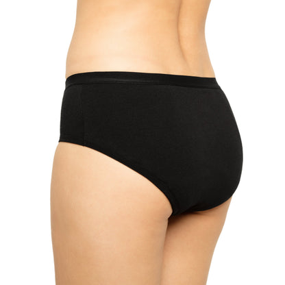 Black The Bikini Period underwear by The Period Company, organic cotton, designed for heavy flows, shown laid flat.
