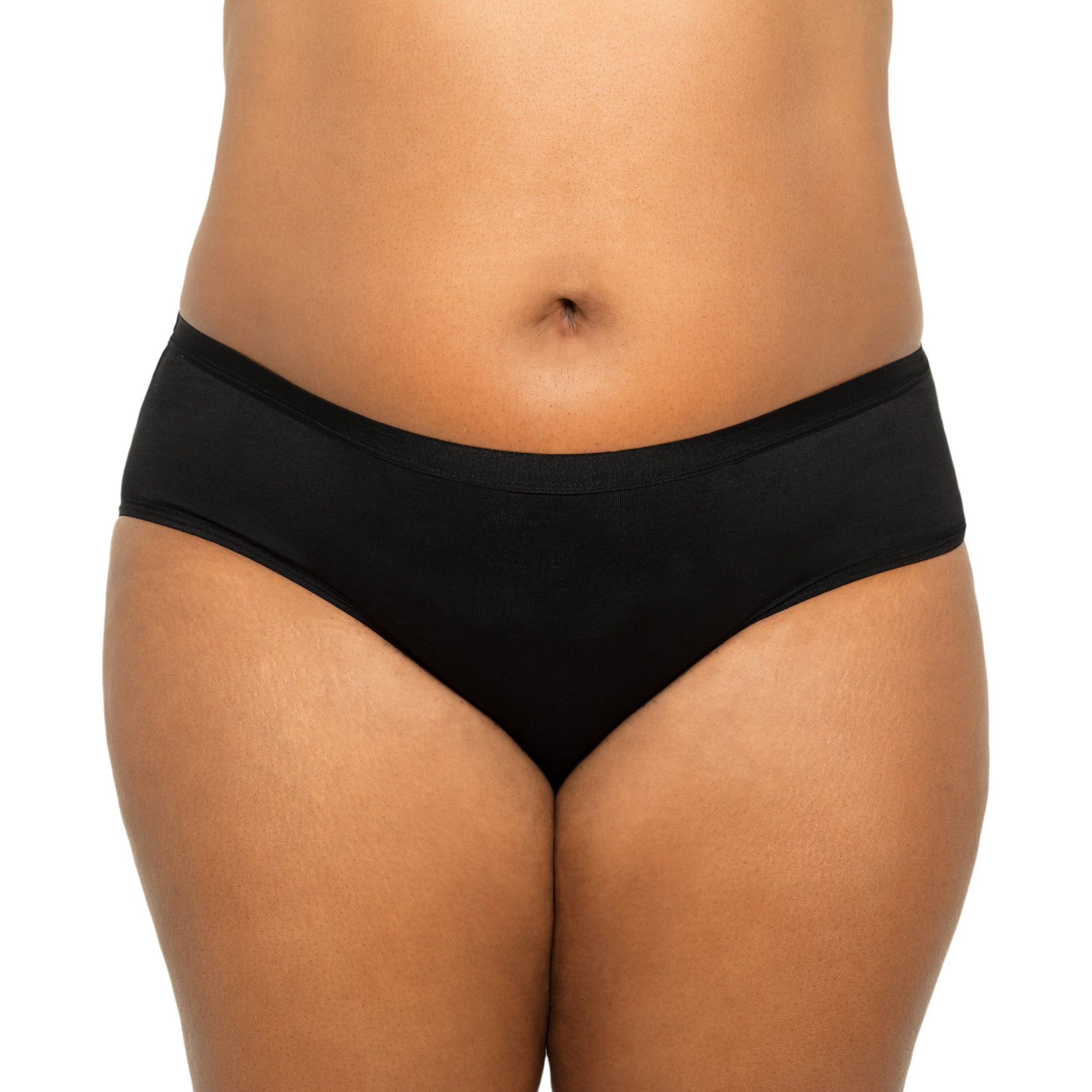 Black The Bikini Period underwear by The Period Company, organic cotton, designed for heavy flows, shown laid flat.