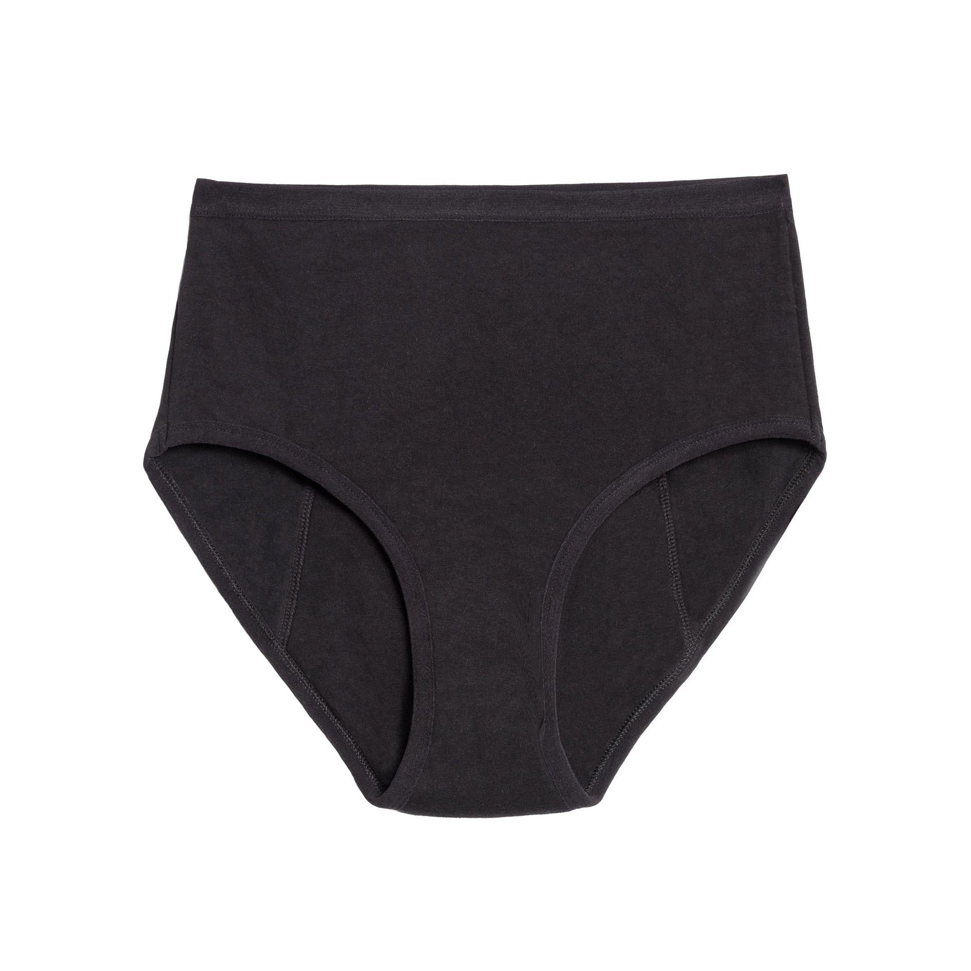 Black high-waisted period underwear by The Period Company in organic cotton, designed for heavy flows, showing the product laid flat.