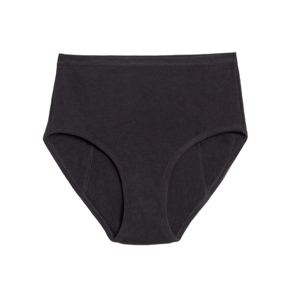 Black high-waisted period underwear by The Period Company in organic cotton, designed for heavy flows, showing the product laid flat.