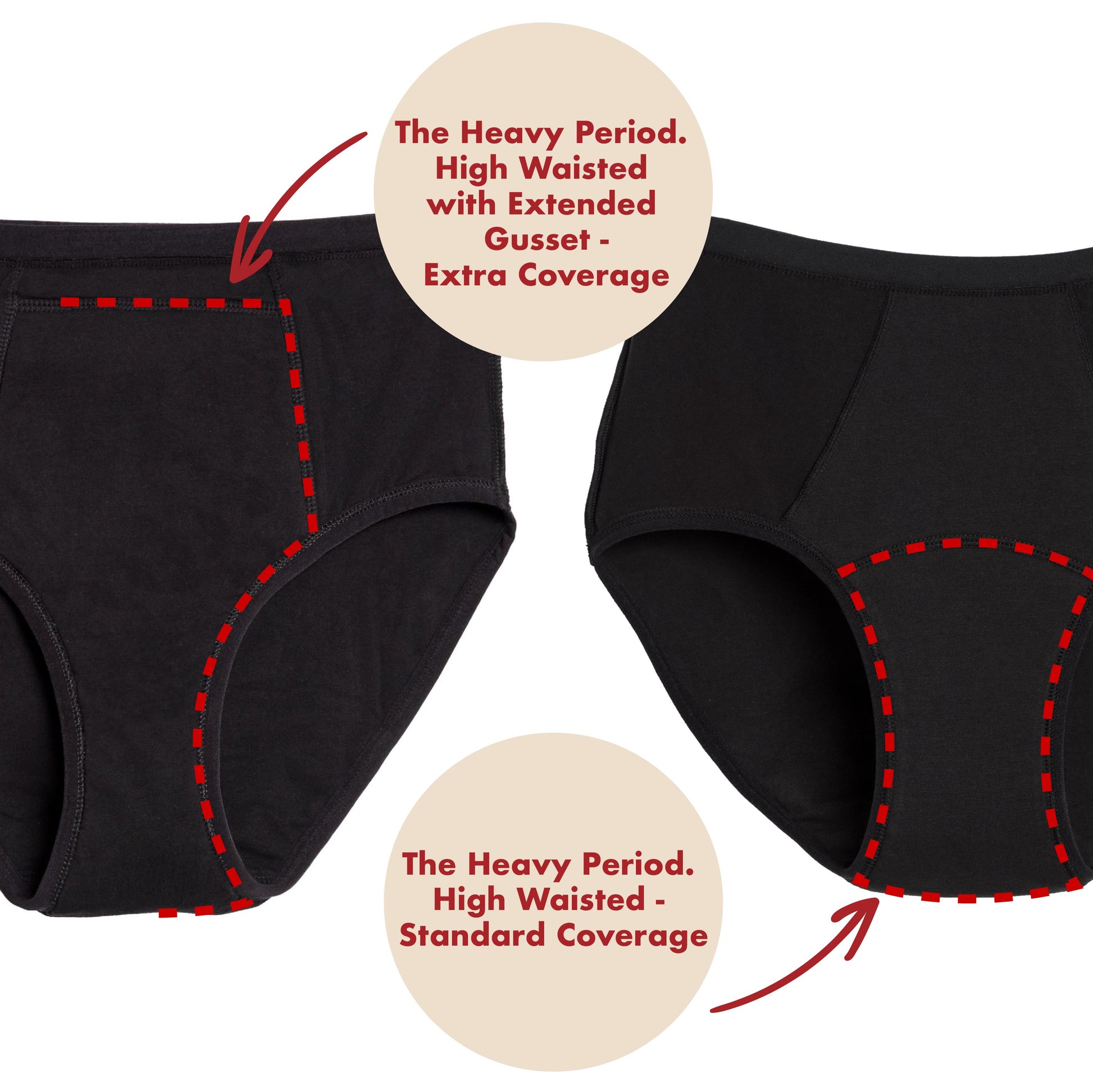 Black high-waisted period underwear by The Period Company in organic cotton, designed for heavy flows, shown on a model.