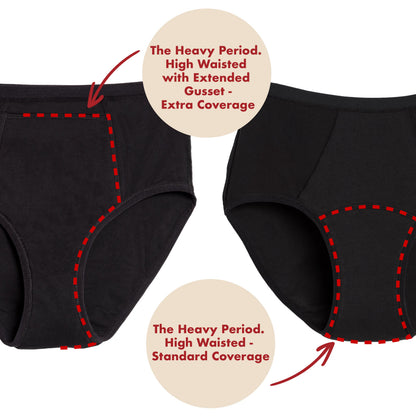 Black high-waisted period underwear by The Period Company in organic cotton, designed for heavy flows, shown on a model.
