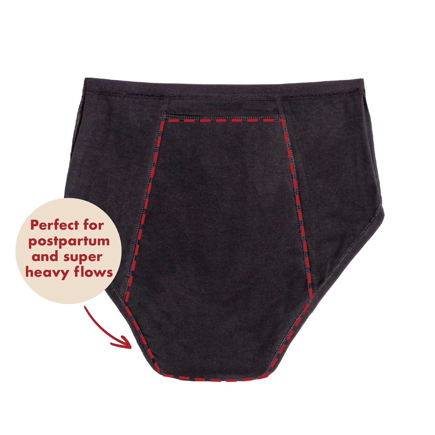 Black high-waisted period underwear from The Period Company in organic cotton, designed for extra coverage during heavy flows.