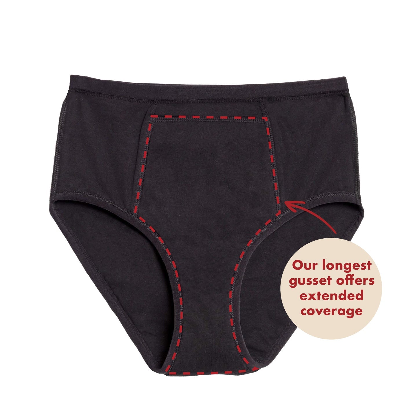 Black high-waisted period underwear by The Period Company in organic cotton for heavy flows, designed for extra coverage.