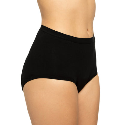 Black high-waisted period underwear by The Period Company in organic cotton, designed for extra coverage and heavy flows.