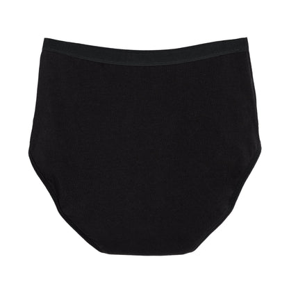 Black high-waisted period underwear by The Period Company made from organic cotton for heavy flows, shown on a plain background.