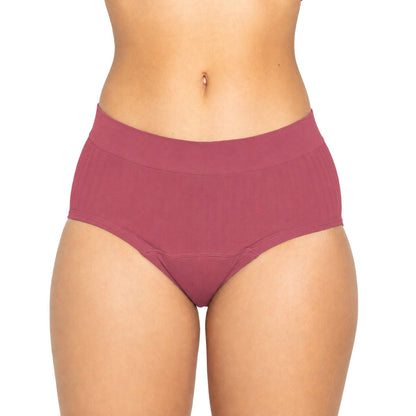 The Bikini Period in SportyStretch™ for heavy flows shown on a model's body, featuring a pink rose color and smooth fabric.