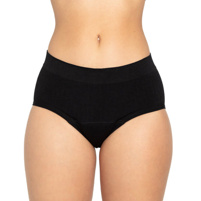 Black seamless sporty bikini period underwear by The Period Company, designed for heavy flows, with comfortable stretch fit.