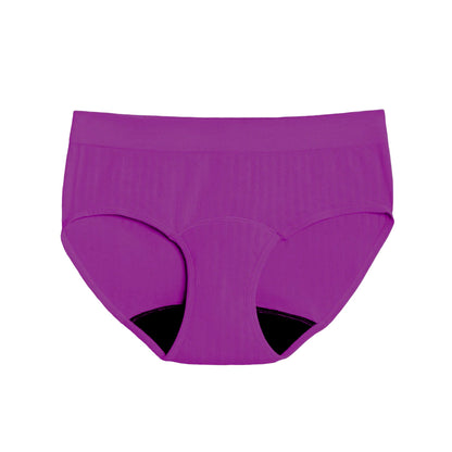 The Bikini Period SportyStretch™ in plum color, a reusable menstrual bikini bottom designed for heavy flows, front view.