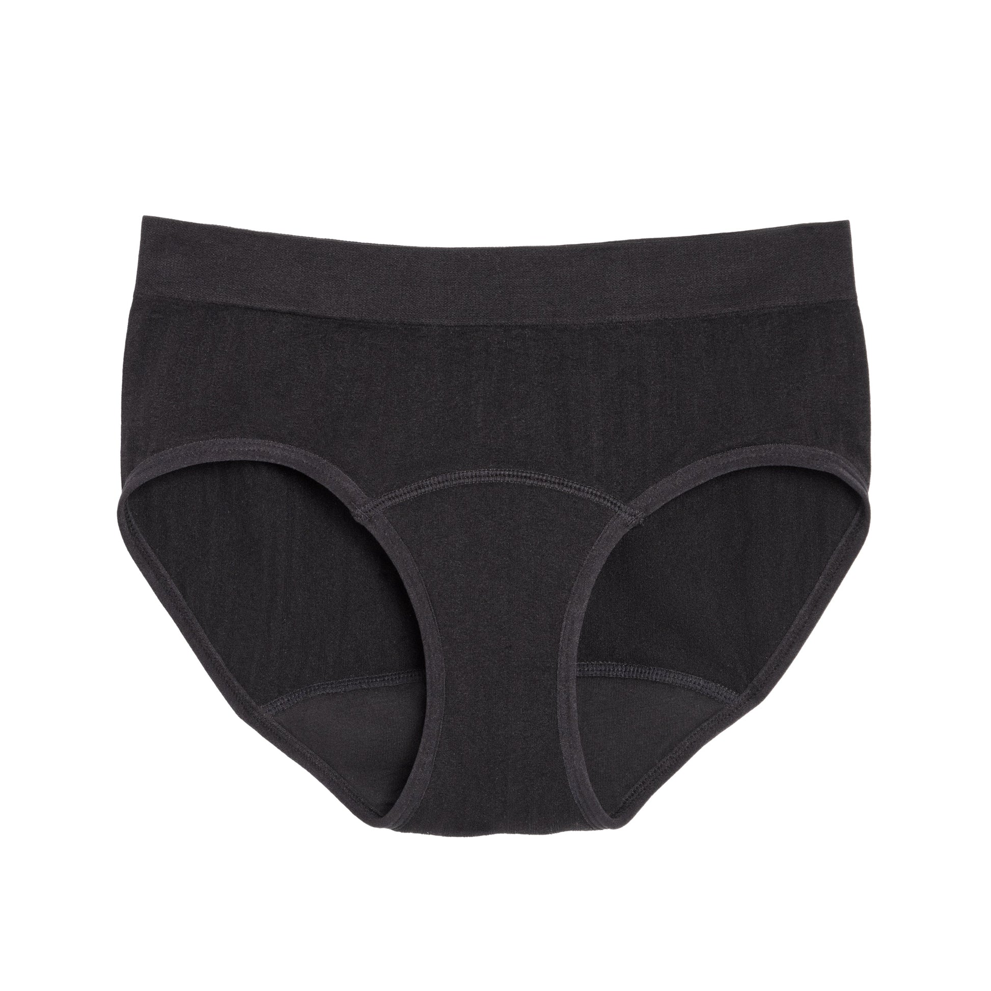 Seamless bikini-style menstrual pad from The Period Company in SportyStretch™ fabric, flat front for heavy flow protection.