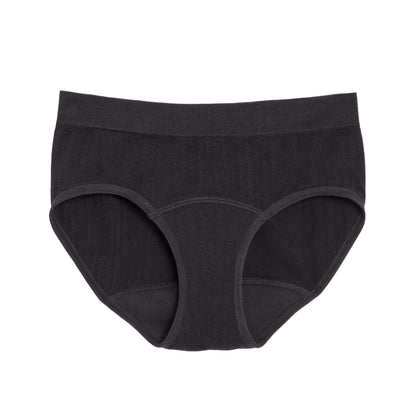 Seamless bikini-style menstrual pad from The Period Company in SportyStretch™ fabric, flat front for heavy flow protection.