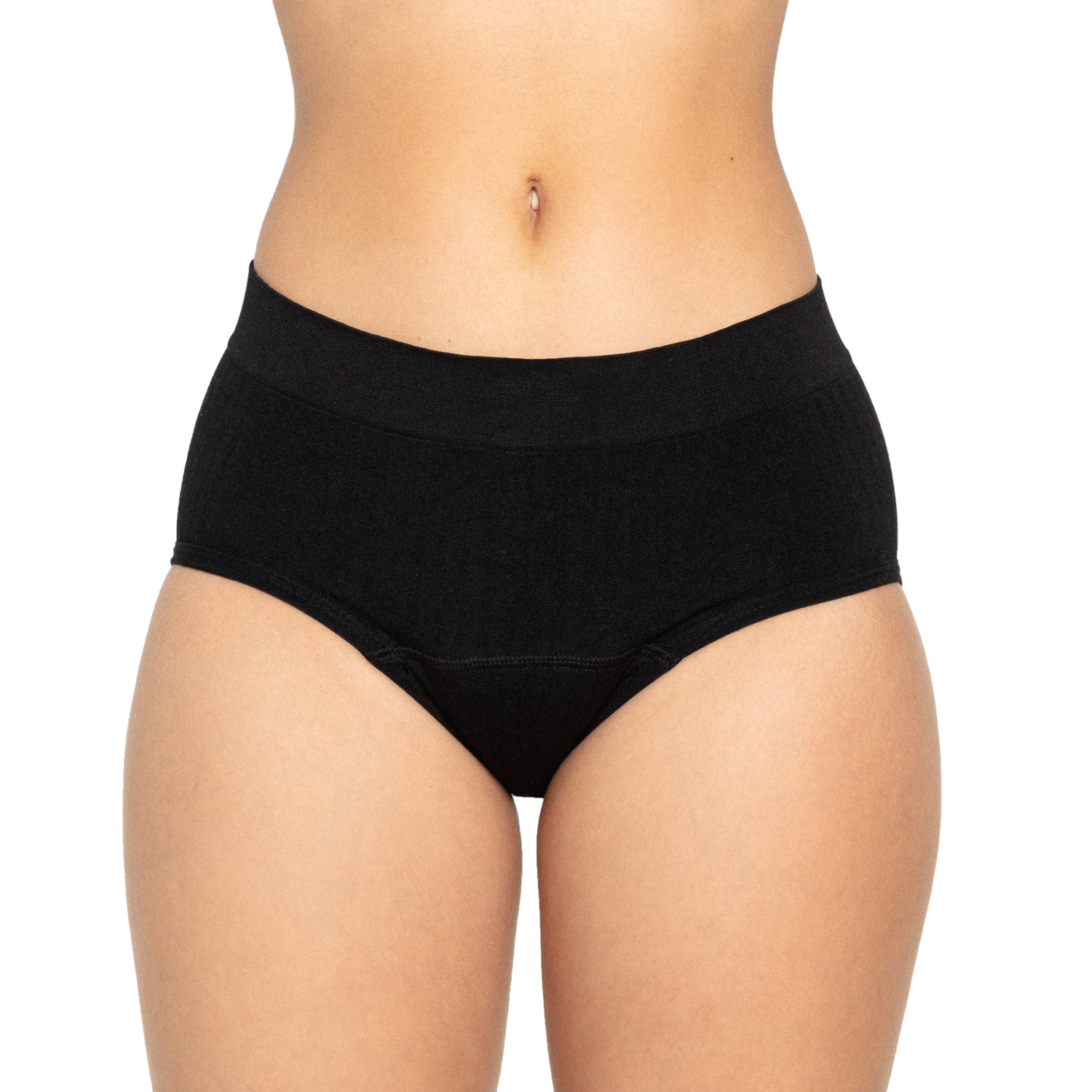 Seamless bikini-style menstrual underwear by The Period Company in SportyStretch™ fabric for heavy flows, shown in black.