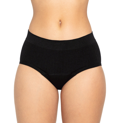 Seamless bikini-style menstrual underwear by The Period Company in SportyStretch™ fabric for heavy flows, shown in black.