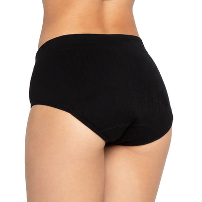 Black seamless sporty bikini period underwear by The Period Company, designed for heavy flows, shown from the back angle.