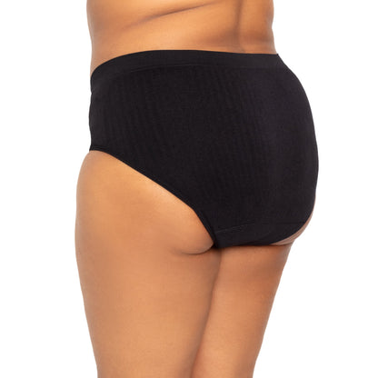 Seamless bikini-style period underwear in sporty stretch fabric by The Period Company, designed for heavy flows, shown from back view.