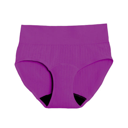 High waisted SportyStretch™ period underwear in plum color from The Period Company, front view showing smooth fabric and fit.