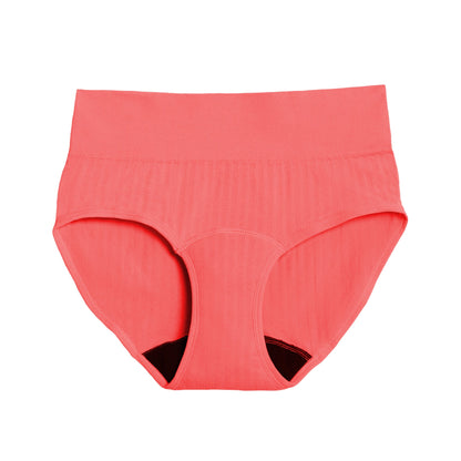 Coral high-waisted period underwear by The Period Company in SportyStretch™ fabric, showing the front design for heavy flows.