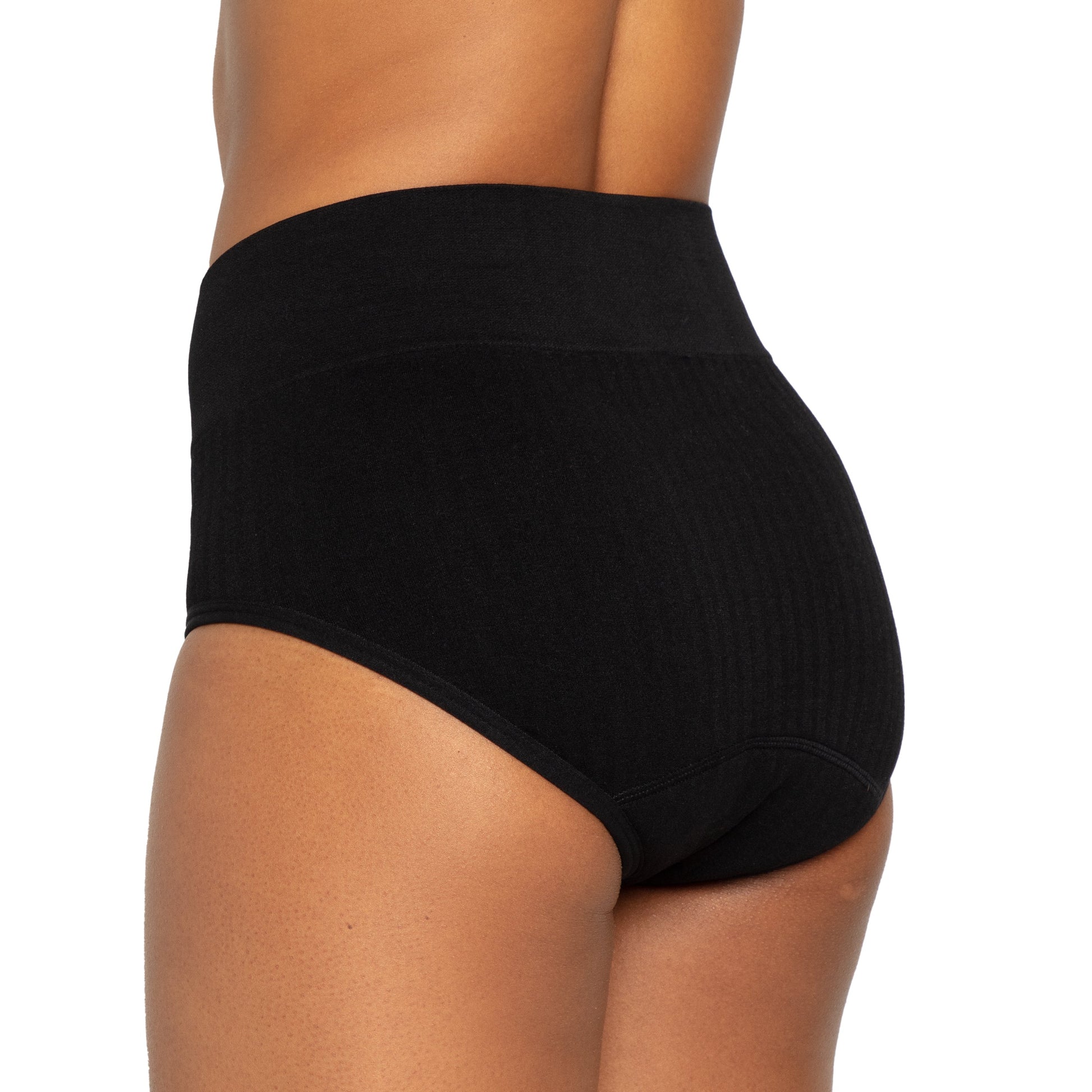 Black high-waisted sporty stretch period underwear by The Period Company, seamless design shown from back view.
