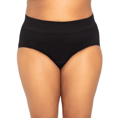 Seamless high-waisted period underwear by The Period Company in SportyStretch™ fabric, designed for heavy flows, displayed in motion.
