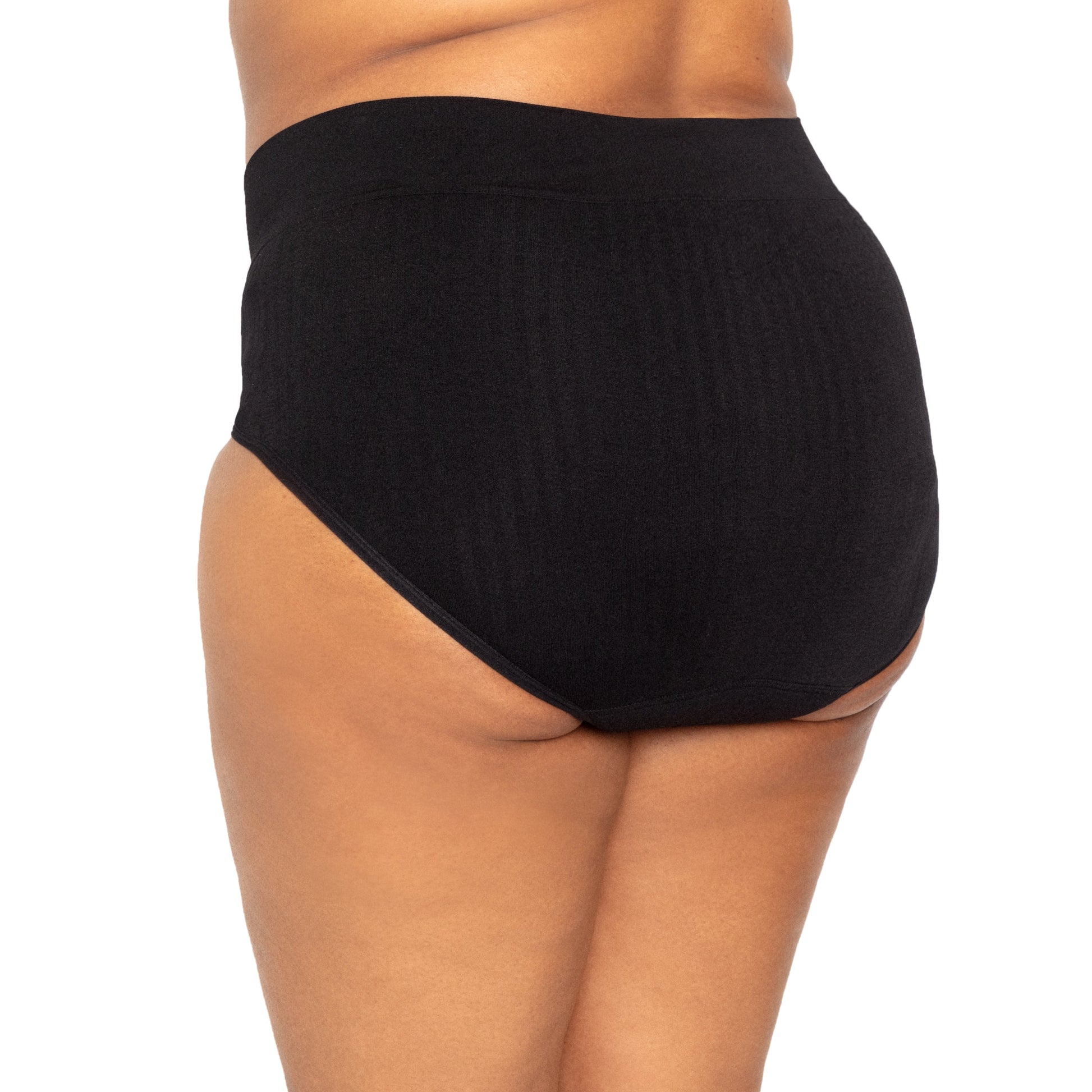 High waisted period underwear in SportyStretch™ fabric by The Period Company, showing seamless design and back view for heavy flows.