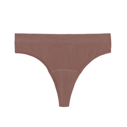 Mocha thong period underwear in SportyStretch™ fabric by The Period Company, designed for light flow protection and comfort.