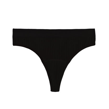 Black SportyStretch™ thong period underwear by The Period Company designed for light flows, shown laid flat.