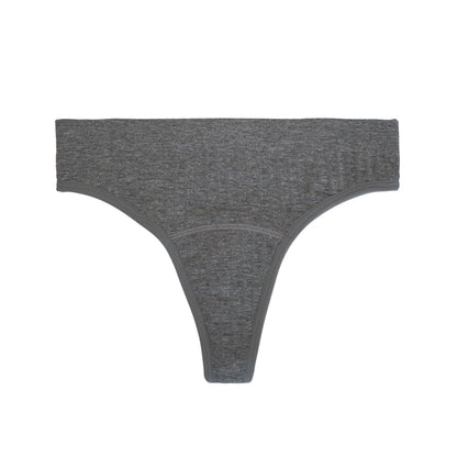 Heather grey SportyStretch™ thong from The Period Company designed for light flow protection, shown from the front.