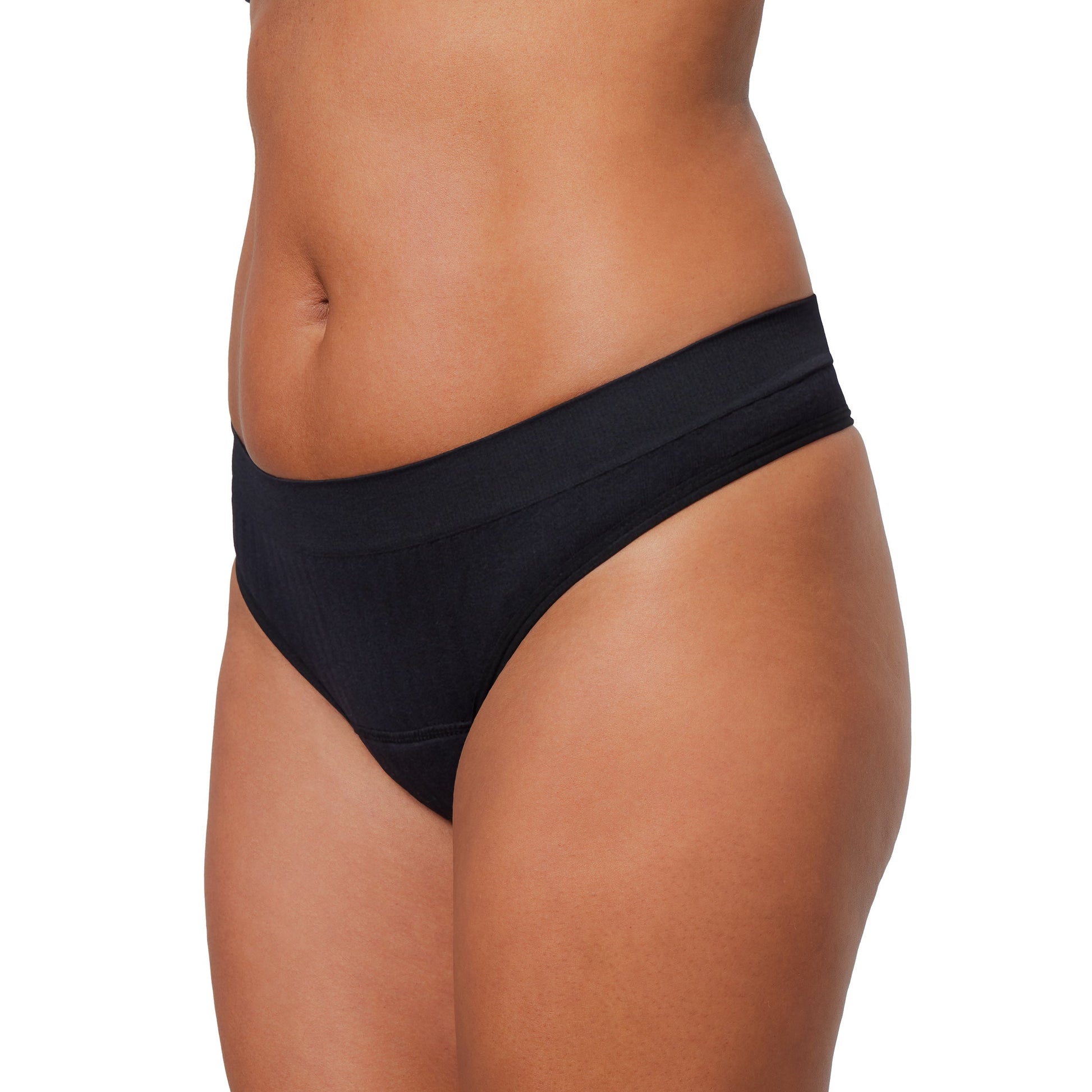 Side and front view of The Thong Period in SportyStretch™ for light flows by The Period Company, showing the minimalist design and fabric.