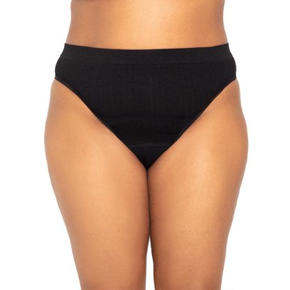 Seamless thong by The Period Company in SportyStretch™ fabric, designed for light flow periods, shown in a neutral color.