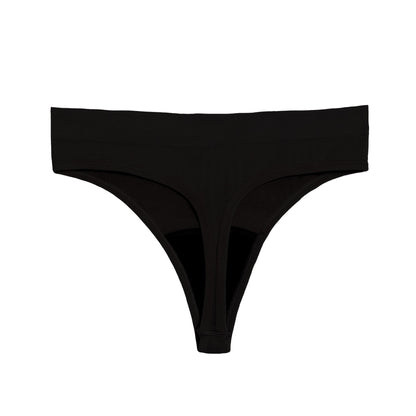 Black Thong Period underwear by The Period Company in SportyStretch™ fabric, designed for light flow protection.