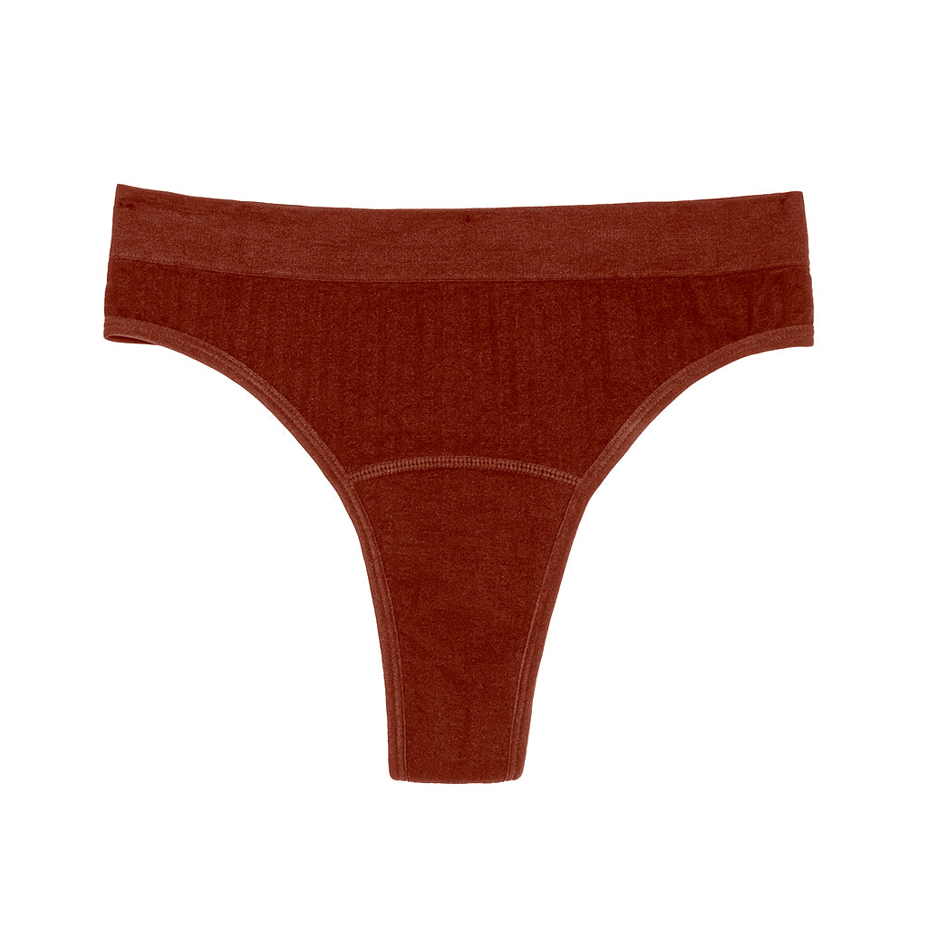 Front view of The Thong Period in SportyStretch™ for light flows by The Period Company, showing the discreet, stretchy menstrual thong.