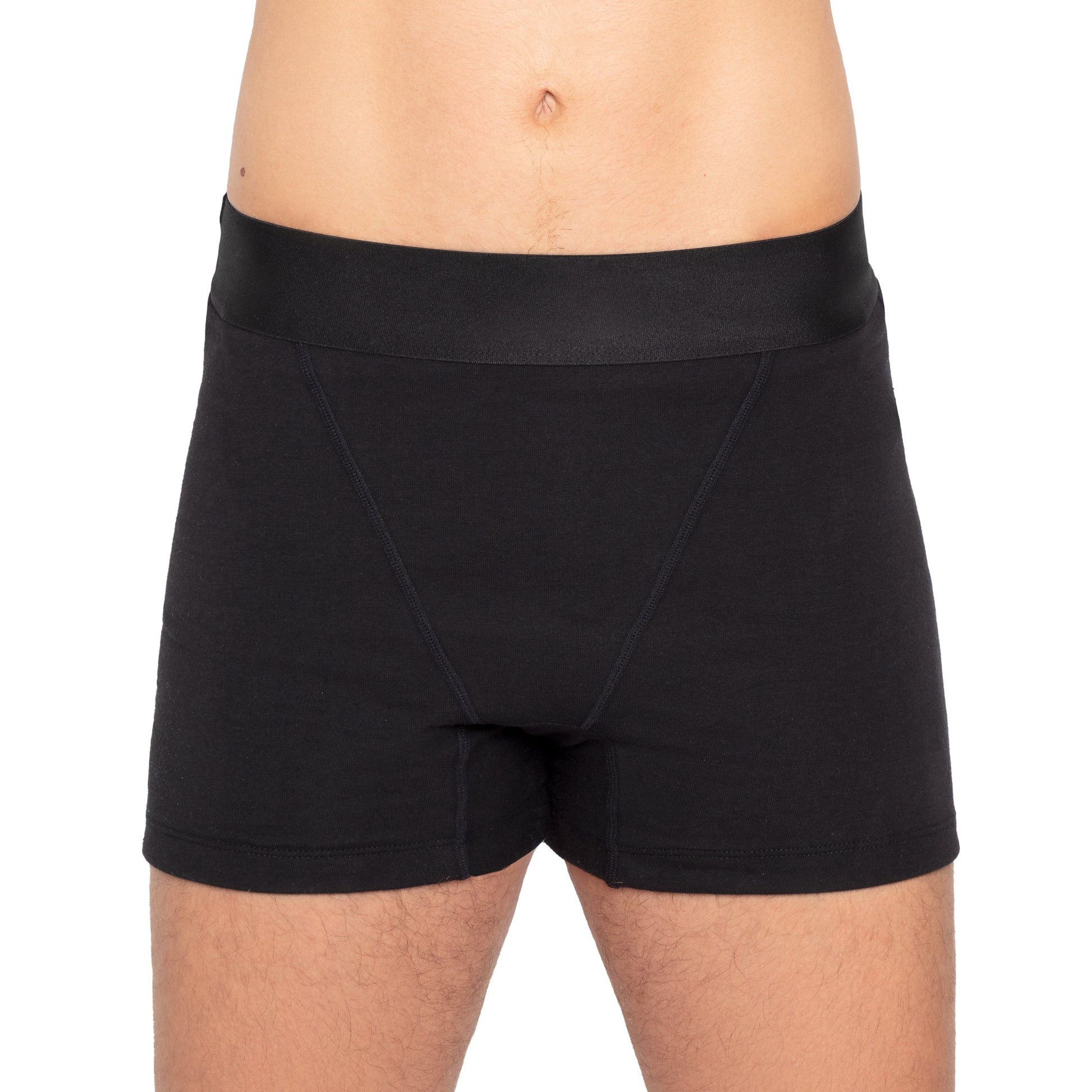 Black The Boxer Period underwear by The Period Company in organic cotton, designed for heavy flows, shown on a flat lay.