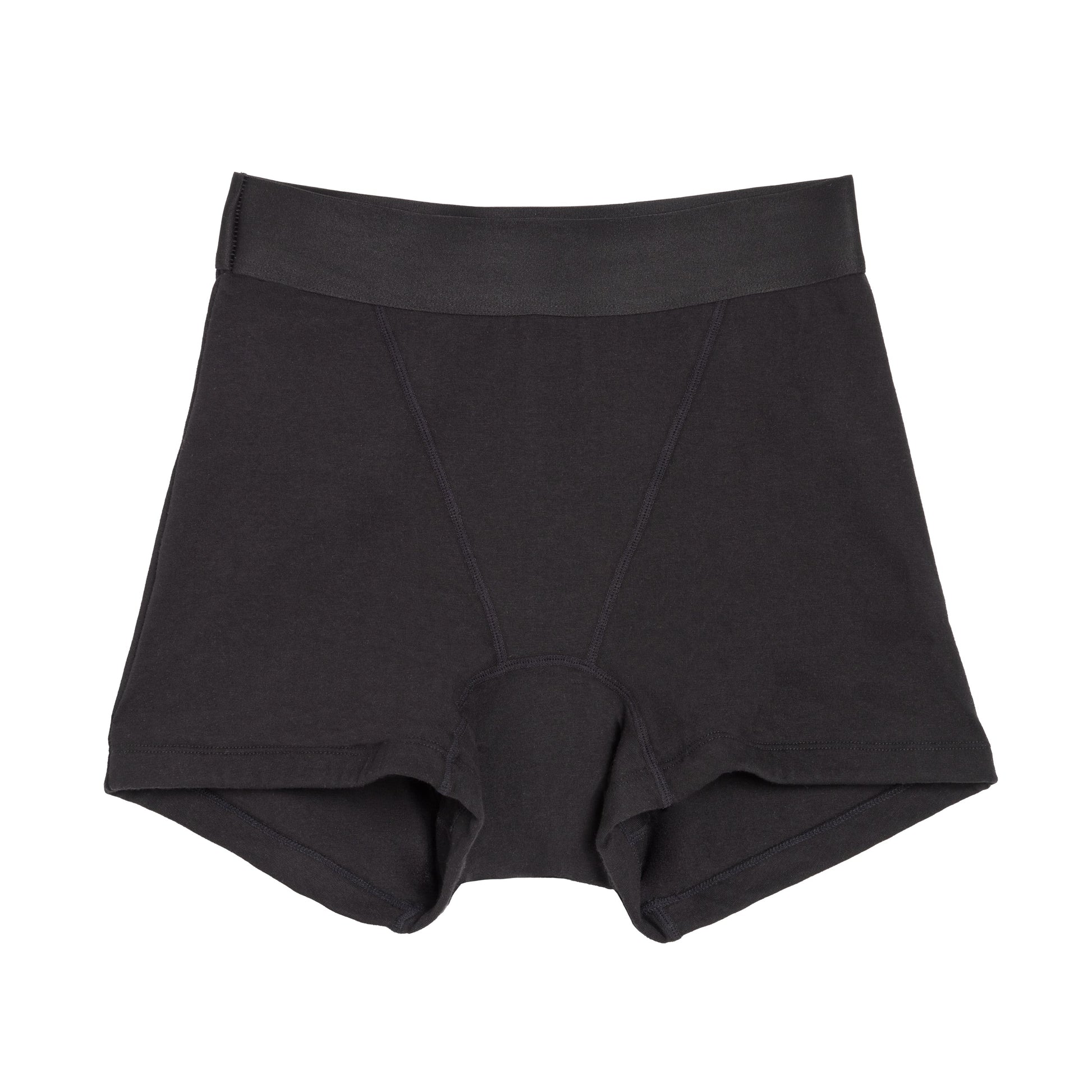 Black boxer underwear by The Period Company, made of organic cotton for heavy flows, shown on a model.