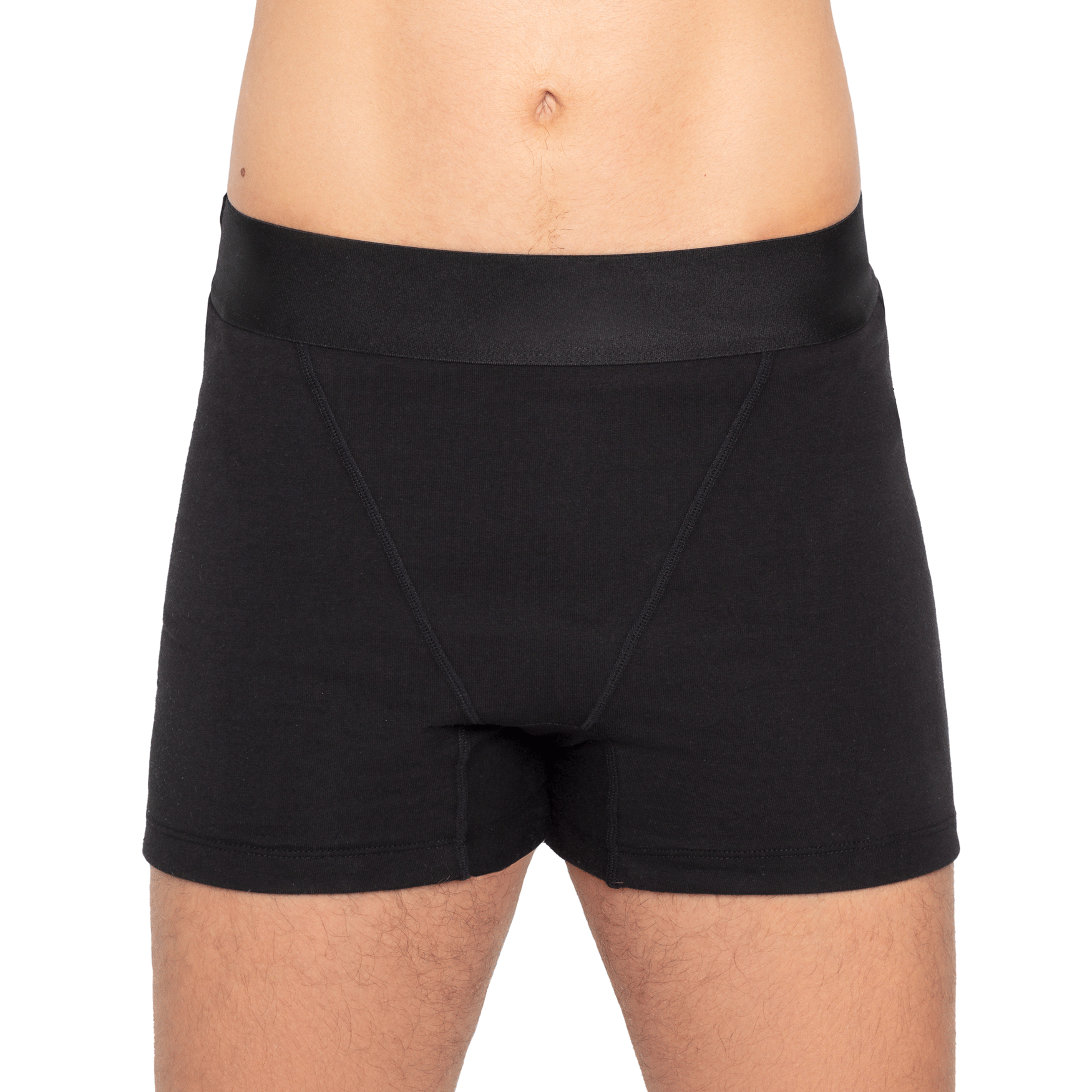 Black The Boxer Period underwear by The Period Company in organic cotton, designed for heavy flows, shown on a white background.