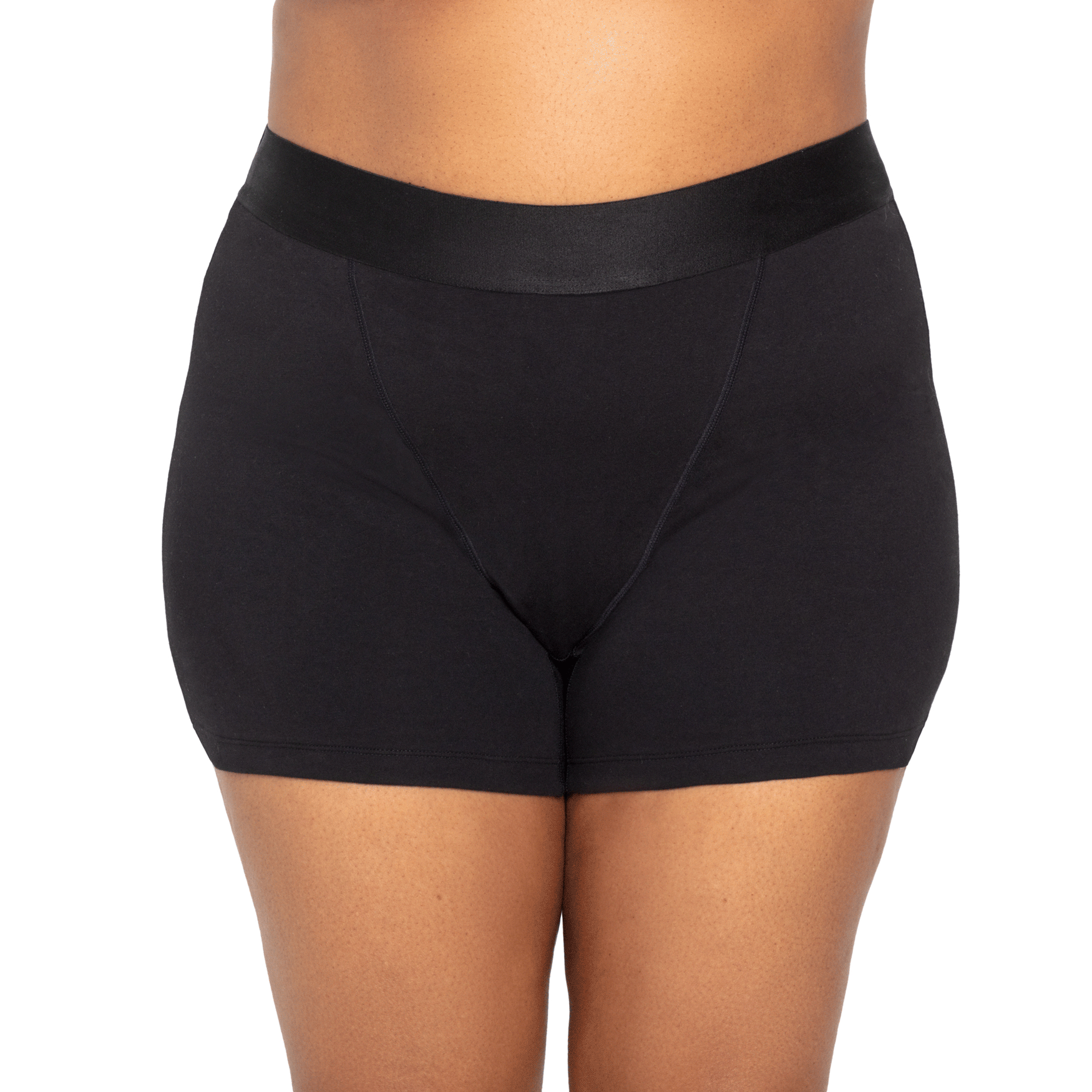 Black organic cotton boxer underwear from The Period Company designed for heavy flows, shown on a white background.