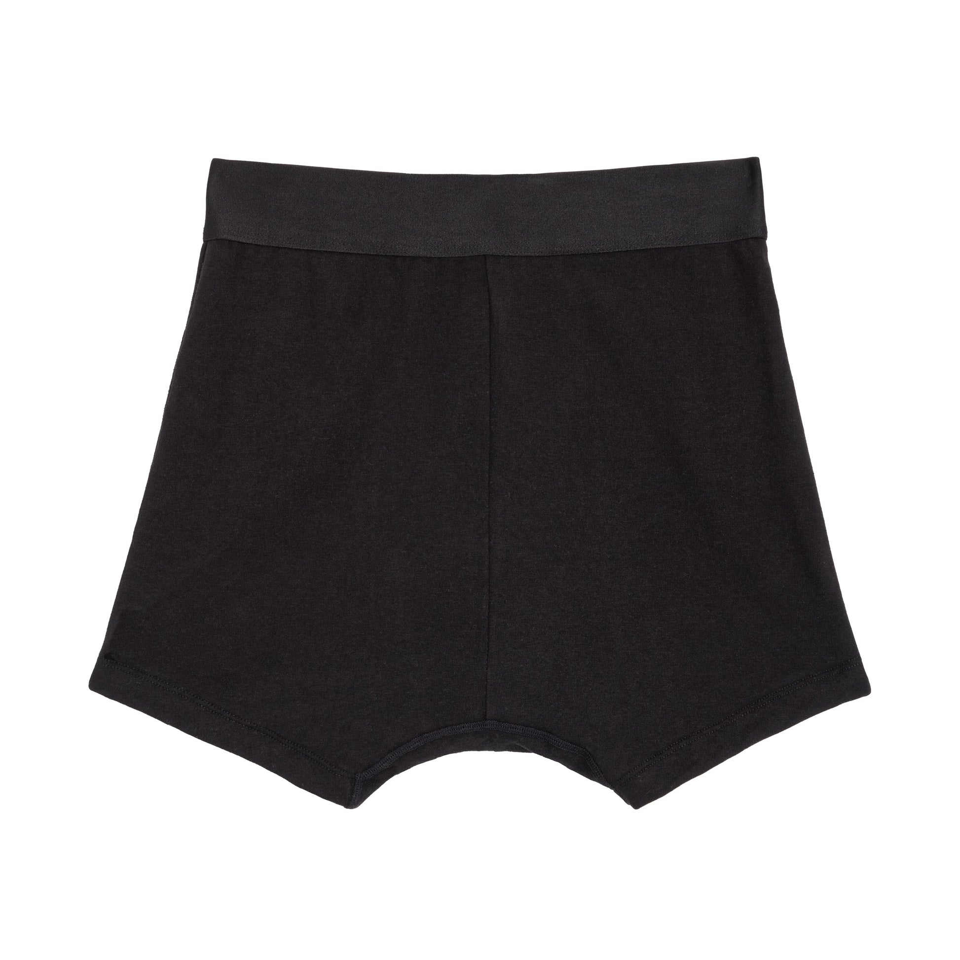 Black organic cotton boxer underwear for heavy flows from The Period Company, designed for comfort and protection.