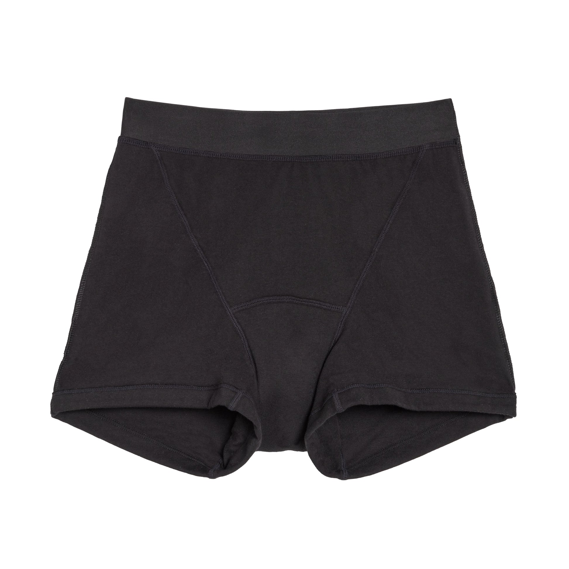 Black organic cotton boxer underwear from The Period Company, designed for heavy flows, shown on a flat lay.