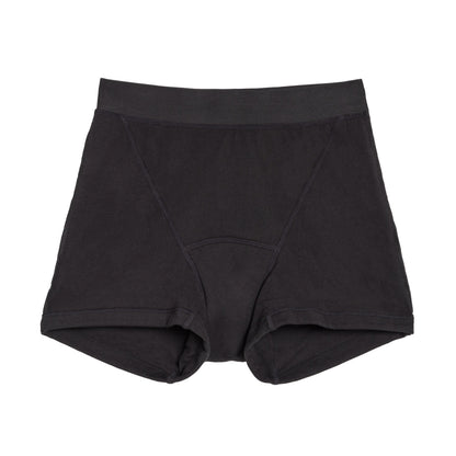 Black organic cotton boxer underwear from The Period Company, designed for heavy flows, shown on a flat lay.