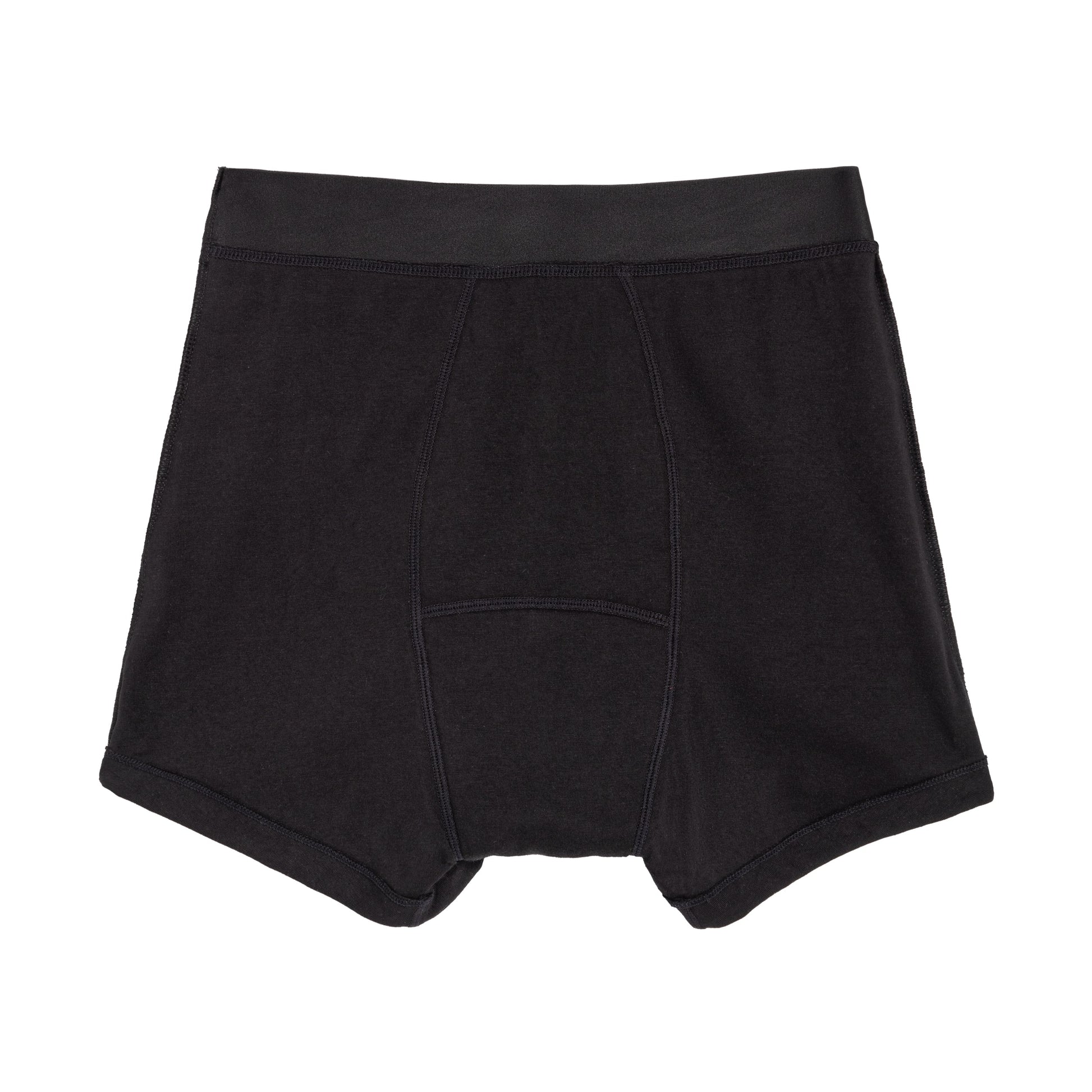 Black organic cotton boxer underwear by The Period Company designed for heavy flows, shown on a white background.