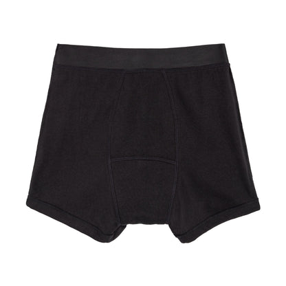 Black organic cotton boxer underwear by The Period Company designed for heavy flows, shown on a white background.