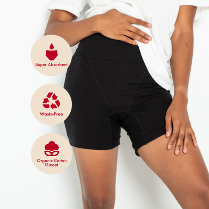 Black organic cotton underwear for heavy flows by The Period Company, designed for comfort and full coverage.