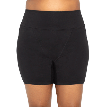 Black organic cotton underwear from The Period Company, The Sleeper Period, designed for heavy flows, shown on a model.