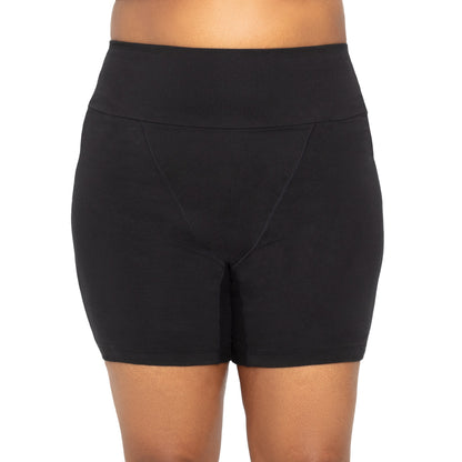 Black organic cotton period underwear by The Period Company, designed for heavy flows, shown laid flat with soft fabric visible.