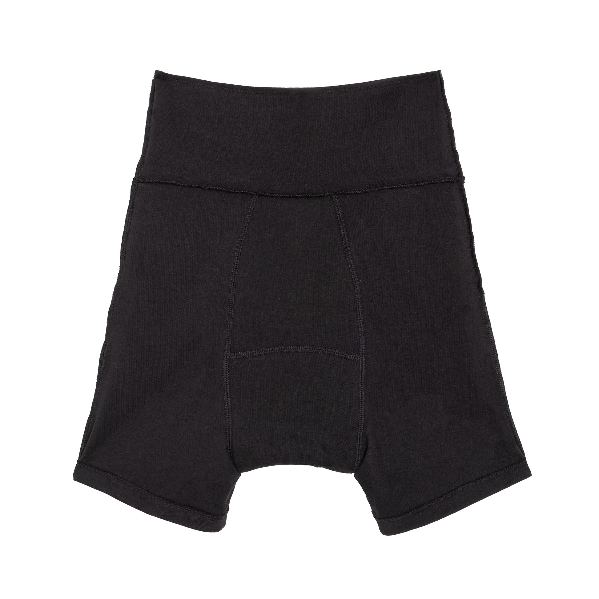 Black organic cotton period underwear from The Period Company, designed for heavy flows, shown lying flat with waistband visible.