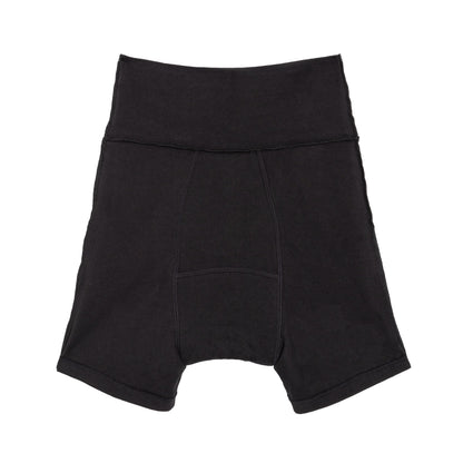 Black organic cotton period underwear from The Period Company, designed for heavy flows, shown lying flat with waistband visible.