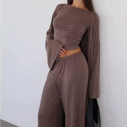 Three-Piece Cape Cardigan Set | Crop Top & Wide-Leg Pants Outfit(MS258)