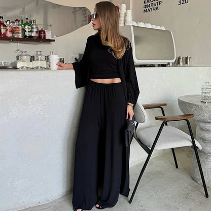 Three-Piece Cape Cardigan Set | Crop Top & Wide-Leg Pants Outfit(MS258)